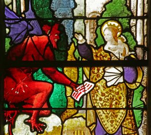 Window depicting the Virgin Mary getting back Theophilus pact from the devil